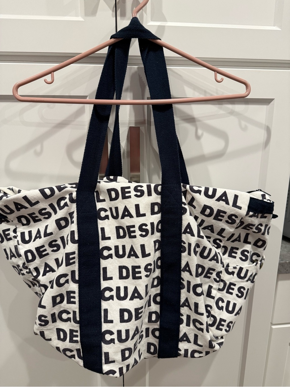 Desigual Black & White Logo Canvas Tote with Navy Straps